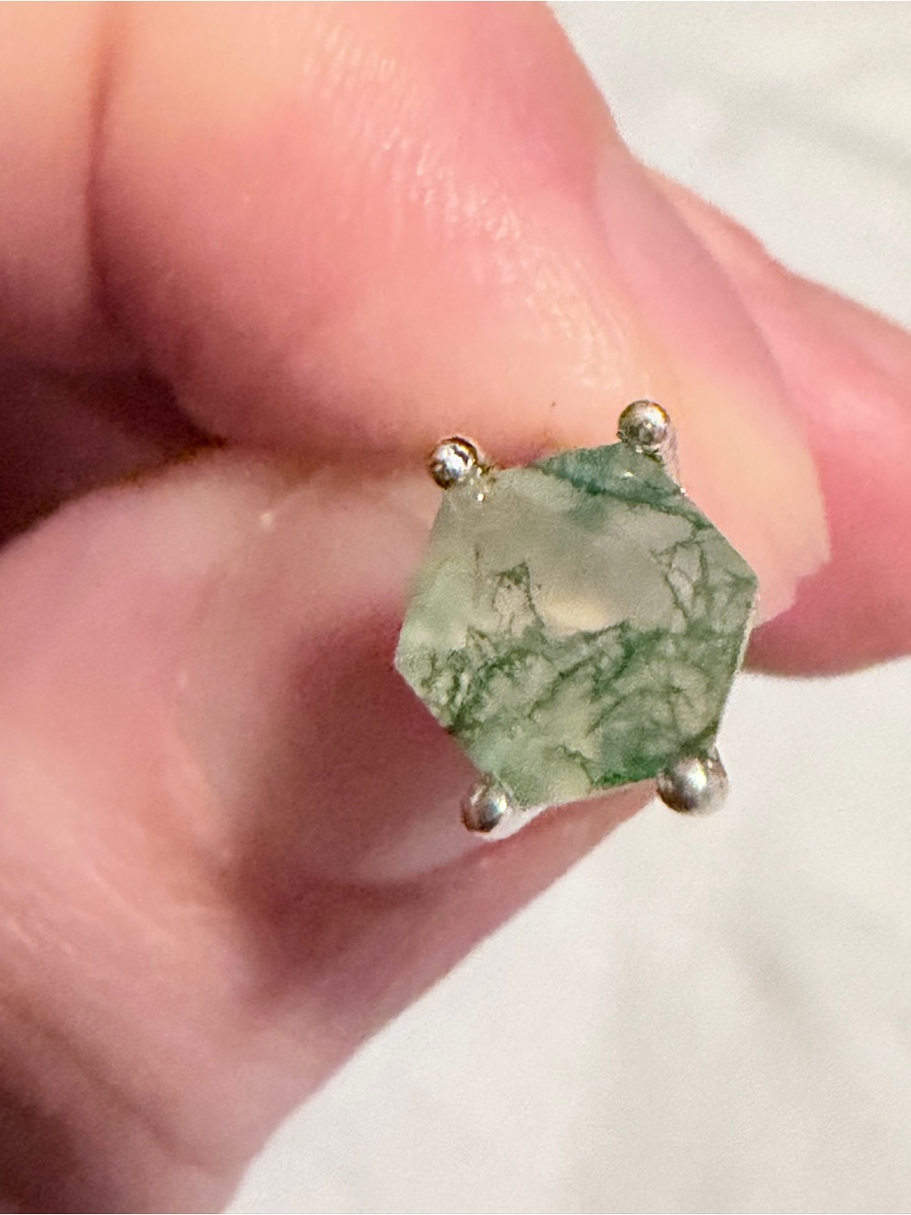 Green Moss Agate Hexagon Stud Earring